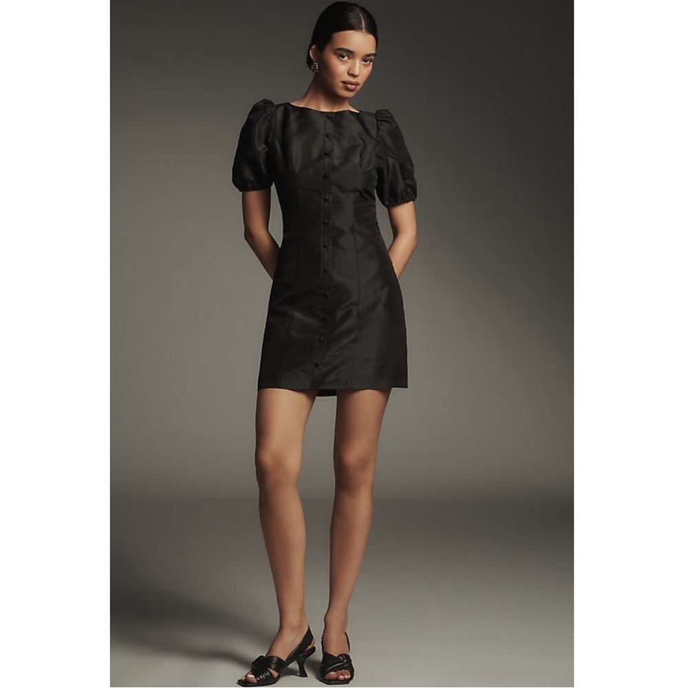 Anthropologie Hutch Cove Black Boat Neck Button Front Puff Sleeve Mini Dress
